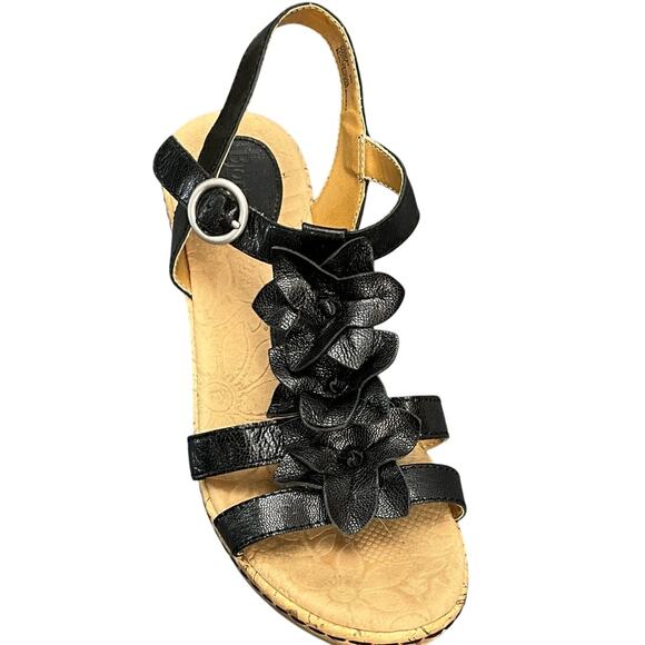 Bjorndal Liora Black Leather Strappy Flower Cork Wedge Comfort Sandal Women 9 - Picture 4 of 10